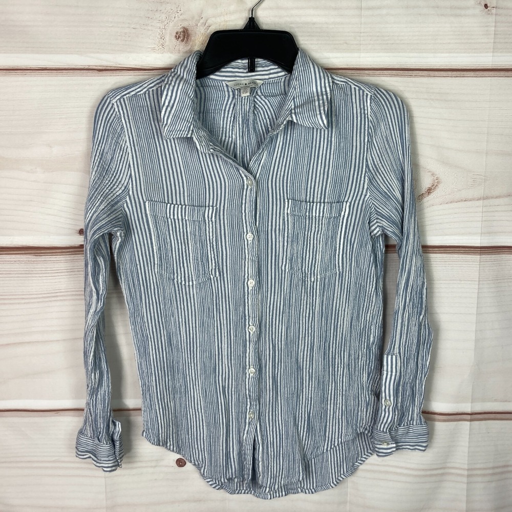 Lucky Brand Top Women M Blue White Stripe Button Up Shirt Pockets Crinkle Collar